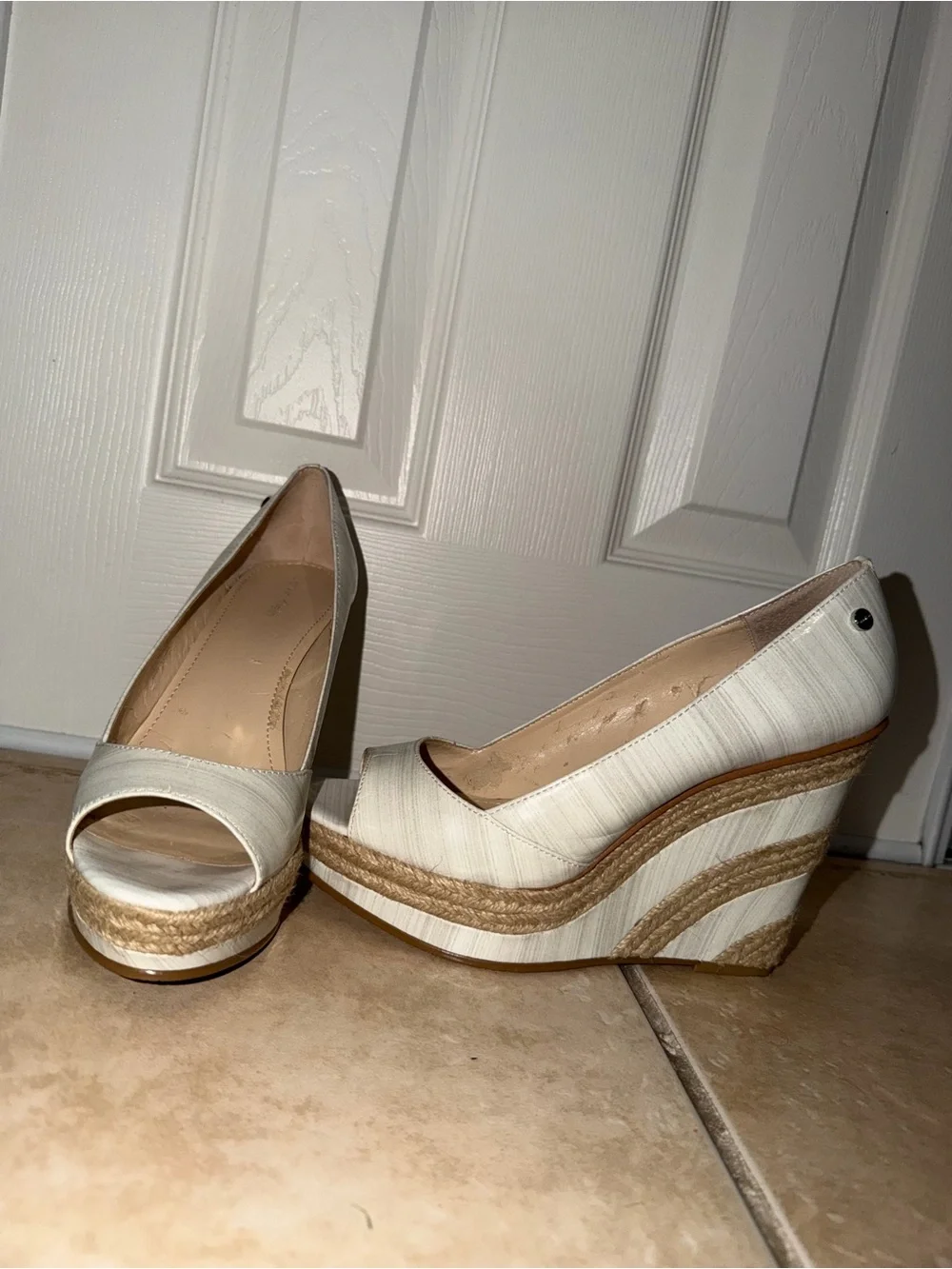 Calvin Klein Ivory Espadrille Peep-Toe Wedge